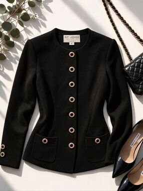 St. John Santana Knit Black Blazer Jacket Gold Button Luxury Timeless Size 6